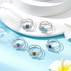 Natural White Jade & Amethyst & Lapis Lazuli & Tiger Eye 7 African Turquoise Finger Ring&nbsp;RJEW-JR00767-02