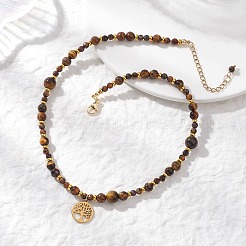 Tree of Life 304 Stainless Steel Pendant Natural Tiger Eye Round Beaded Necklaces&nbsp;NJEW-JN05712