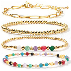 4Pcs 4 Styles 304 Paperclip Chain Bracelets & Brass Round Beads Stretch Bracelets & Natural Mixed Gemstone Round Beads Stretch Bracelets Set for Women&nbsp;AS2287-1