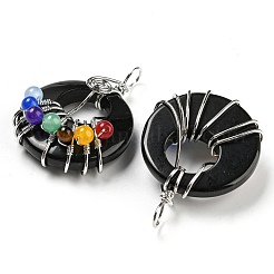 Chakra Natural Obsidian Flat Round Pendants&nbsp;G-Z033-06P-04