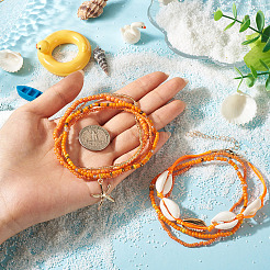 2 Bags Summer Beach Glass Seed Beaded & Natural Shell & Alloy Starfish Charm Anklet Sets&nbsp;AJEW-TA0003-69C