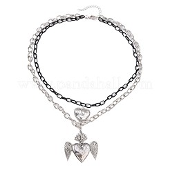 Duo Tone Alloy Heart with Angel Wings Pendant Double Layer Necklaces for Women&nbsp;WGB1CA0-01