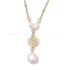 Natural Keshi Pearl Flat Round and Alloy Flower Pendant 304 Stainless Steel Satellite Chain Necklaces for Women&nbsp;NJEW-JN05619