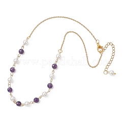 Shell Pearl and Natural Amethyst Round Beads Link Chain Necklaces for Women&nbsp;NJEW-JN05635