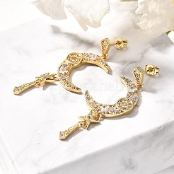 Moon Brass Micro Pave Clear Cubic Zirconia Dangle Stud Earrings&nbsp;EJEW-C126-10G
