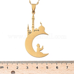 201 Stainless Steel Hollow Moon with Castle and Prayer Pendant Necklaces for Ramadan & Eid Mubarak&nbsp;NJEW-D318-05G