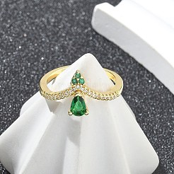 Rack Plating Teardrop Brass Micro Pave Cubic Zirconia Open Cuff Finger Rings for Women&nbsp;RJEW-M028-84G