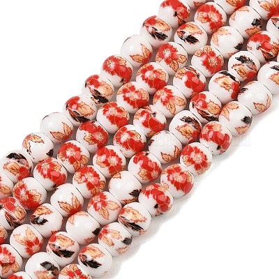 Handmade Flower Printed Porcelain Ceramic Beads Strands&nbsp;PORC-M005-6mm-06-1