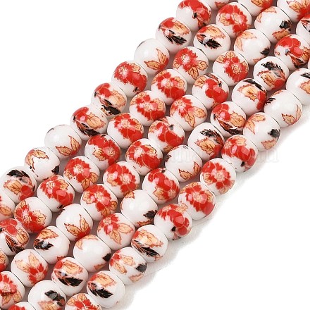 Handmade Flower Printed Porcelain Ceramic Beads Strands PORC-M005-6mm-06-1