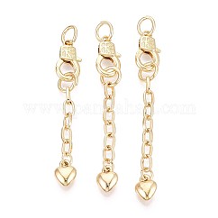 Chain Extender, Iron Links with Brass Charms & Lobster Claw Clasps, Cadmium Free & Lead Free, Heart, Real 18K Gold Plated, 63~73mm, Clasp: 17x10x4mm, Extend Chain: 45~55mm, Jump Ring: 8x1mm, Inner Diameter: 6mm