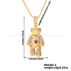 Cute Cartoon Brass Cubic Zirconia Bear Pendant Necklaces, Purple, 15.75 inch(40cm)