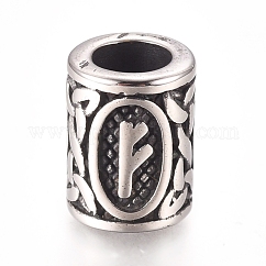 304 Stainless Steel European Beads, Large Hole Beads, Column with Runes/Futhark/Futhor, Antique Silver, 13.5x10mm, Hole: 6mm