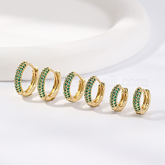 Elegant Brass Pave Cubic Zirconia Hoop Earrings, Ring Shape, Golden, Green, 15~11x3mm