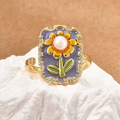 Flower Pattern Brass Enamel & Natural Freshwater Pearl Open Cuff Rings for Women&nbsp;RJEW-G342-01G-01