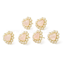 Ion Plating(IP) Natural Rose Quartz Heart Stud Earrings with Plastic Pearl Beaded&nbsp;EJEW-E599-02G-03