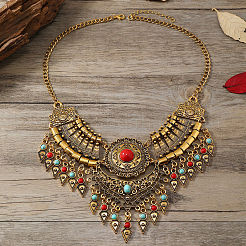 Ethnic Style Zinc Alloy Pave Synthetic Turquoise Teardrop Statement Chunky Bib Necklaces for Women&nbsp;FS-WG23959-02