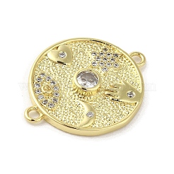 Rack Plating Brass Pave Clear Cubic Zirconia Flat Round Connector Charms&nbsp;KK-C052-43G