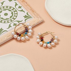 Natural & Synthetic Mixed Gemstone & Pearl Beaded Hoop Earrings&nbsp;EJEW-JE05233