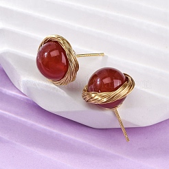 Brass Natural Carnelian Stud Earrings&nbsp;EJEW-Q043-01G