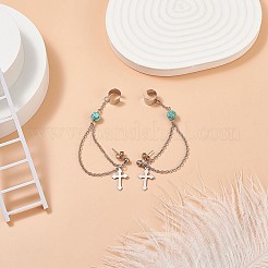 Synthetic Green Turquoise Beaded Hanging Chain Dangle Stud Earrings with Ear Cuff&nbsp;EJEW-TA00149