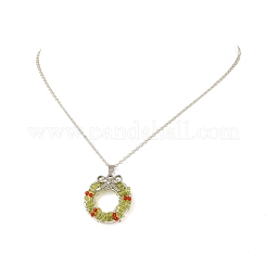 Transparent Glass and Natural Peridot Chip Wire Wrapped Pendant Brass Cable Chain Necklaces&nbsp;NJEW-TA00274