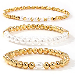 3Pcs 3 Styles Brass & Plastic Imitation Pearl Round Beads Stretch Bracelets for Women&nbsp;TJ3268-1