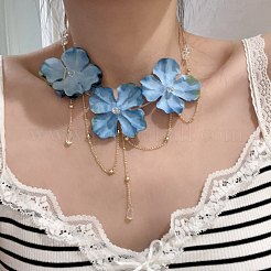 Plastic Glass Trip Flower Bib Necklaces with Alloy Chain Tassel for Women&nbsp;WGFB142-01