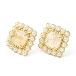Ion Plating(IP) Natural Citrine Square Stud Earrings with Plastic Pearl Beaded&nbsp;EJEW-E599-03G-03