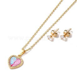 Clear Cubic Zirconia Heart with Acrylic Tree Pendant Necklace & Diamond Stud Earrings&nbsp;SJEW-M099-03G