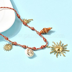 Summer Beach 304 Stainless Steel & Electroplated Natural Shell Pendant Adjustable Polyester Cord Necklaces for Women&nbsp;NJEW-F348-01D-G