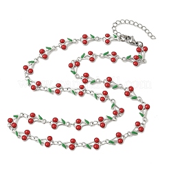 304 Stainless Steel Enamel Red Cherry Link Chain Necklaces for Women&nbsp;NJEW-K249-23G