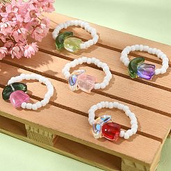 Tulip Flower Glass & Seed Beaded Stretch Rings&nbsp;RJEW-TA00080