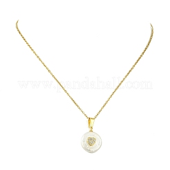 Natural Keshi Pearl Coin with Heart Pendant 304 Stainless Steel Cable Chain Necklaces for Women&nbsp;NJEW-JN06117