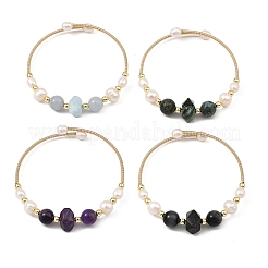 Round & Nuggets Natural & Synthetic Gemstone & Cultured Freshwater Pearl Beaded Bangles&nbsp;BJEW-JB14091