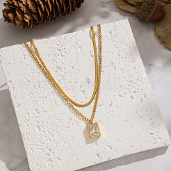 European Style Stainless Steel Pave Clear Cubic Zirconia Rectangle Pendant Snake Chain Double Layered Necklaces for Women&nbsp;ND1910