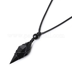 3D Rhombus Natural Obsidian Woven Waxed Cord Pendant Necklaces&nbsp;FS-WGDC1FB-01