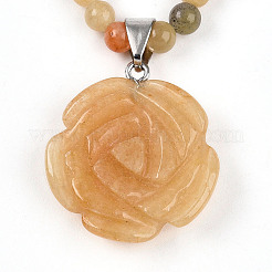 Natural Topaz Jade 4.5mm Round Beaded Flower Pendant Necklaces&nbsp;NJEW-T016-04N