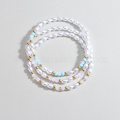 3Pcs Resin Pearl Faceted Round & Rice Beaded Stretch Anklet Sets&nbsp;FS-WG2E78A-01