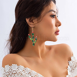 Brass Glass Cactus Dangle Earrings&nbsp;EJEW-TADJ00001