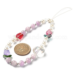 Tulip & Heart Natural Kunzite/Quartz Crystal & Glass Beaded Mobile Straps&nbsp;HJEW-TA00041