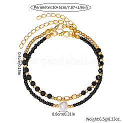 Bohemian Style Plastic Pearl & Brass Cube & Glass Seed Beaded 2-Strand Anklets&nbsp;FS-WG67DAF-01