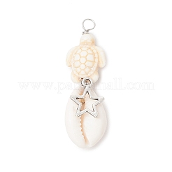 5Pcs 5 Styles Natural Cowrie Shell & Dyed Synthetic Turquoise Turtle Copper Wire Wrapped Pendants&nbsp;PALLOY-JF04034-03
