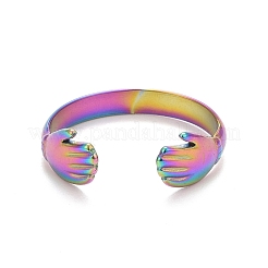 Ion Plating(IP) Rainbow Color  304 Stainless Steel Double Hand Hug Open Cuff Ring for Women&nbsp;RJEW-C025-08B-M