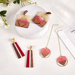 3 Pairs 3 Style Heart & Trapezoid & Square Resin & Walnut Wood Dangle Stud Earring&nbsp;EJEW-SW00014-01