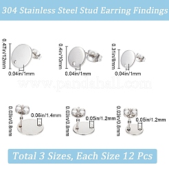 36Pcs 3 Size Flat Round 304 Stainless Steel Stud Earring Findings&nbsp;STAS-SP0001-59P