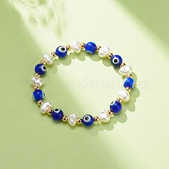 Lampwork Evil Eye & Plastic Pearl & Brass Stretch Bracelet for Women&nbsp;BJEW-JB08386-03