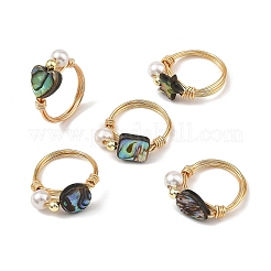 Eco-Friendly Copper Wire with Natural Abalone Shell/Paua Shell Finger Rings&nbsp;RJEW-JR01086-01