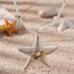 Ocean Starfish Cloth Shell with Rhinestone Pendant White Glass Beaded Necklaces for Women&nbsp;FS-WGEED08-02