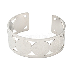 304 Stainless Steel Wide Hollow Saint Benedict Medal Open Cuff Bangles&nbsp;BJEW-S154-01P