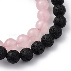 Natural Rose Quartz & Lava Rock Beaded Stretch Bracelets Sets&nbsp;BJEW-JB05416-02